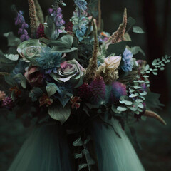 A beautiful colourful bouquet of different flowers in the woods and other places, a gift