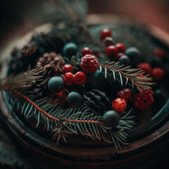 Berries, cones and branches in a tea box as a gift, fir branches, trees, beautiful scene, tea on a wooden table