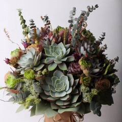 Bouquet-vase of green and different kinds of succulents, white background, flowers