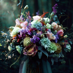 A beautiful colourful bouquet of different flowers in the woods and other places, a gift