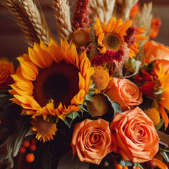 Autumn red bouquet with sunflower and other beautiful flowers, roses