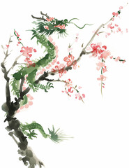 桜と辰（たつ・竜・龍・ドラゴン）の水彩イラスト、季節、時候のあいさつ、はがきサイズ
