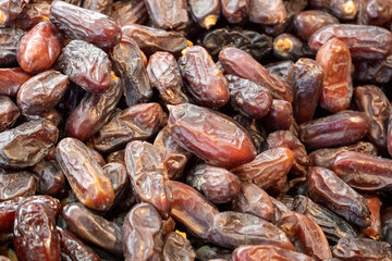 Close-up of Medina dates sold in the date market.