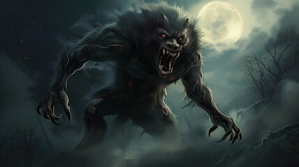 Werewolf Monster Night Prowler Horrific Fantasy Art Style Horror - obrazy, fototapety, plakaty