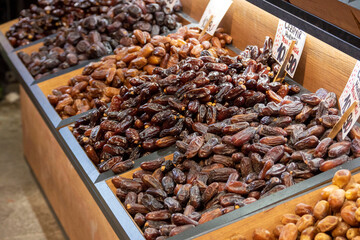 Fresh date varieties sold in date shops in the date market,