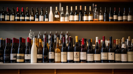 Red and white wine in bottles in wine shop