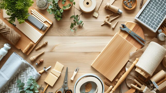 A captivating stock image capturing the essence of creativity, showcasing an ongoing DIY home decor project. Tools and materials are strategically scattered, highlighting the passion and eff