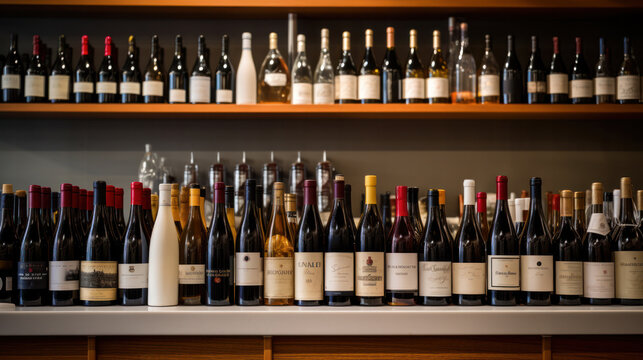 Red and white wine in bottles in wine shop