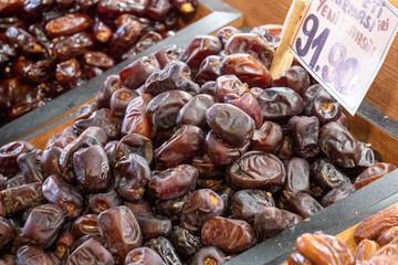 Fresh date varieties sold in date shops in the date market,