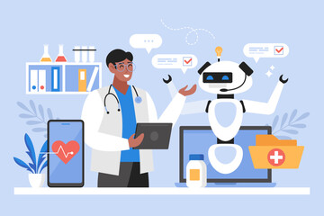 Artificial intelligence in medicine business concept. Modern vector illustration of doctor using AI technology to search medical data and help patient diagnosis and  treatment