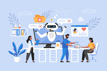 Artificial intelligence in medicine business concept. Modern vector illustration of doctor using AI technology to search medical data and help patient diagnosis and  treatment