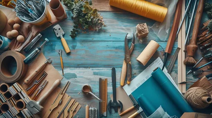 Fotobehang A captivating stock image capturing the essence of creativity, showcasing an ongoing DIY home decor project. Tools and materials are strategically scattered, highlighting the passion and eff © Farm