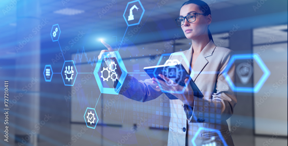 Poster gears icons as automation rpa concept. woman using augmented reality virtual screen.