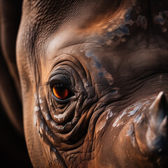 Closeup of a majestic African elephant's eye, revealing intricate details of its large, wrinkled skin and expressive features in a wildlife setting