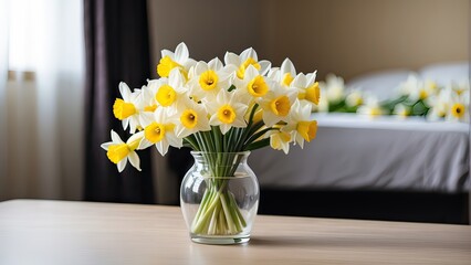 little vase filled with a bunch of white and yellow daffodils, hotel room background with text space