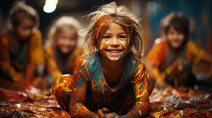 Children covered in paint creating a work of art. Kids with their clothes covered in paint playing and making an artistic mural. Happy little girl playing with colorful paints. - obrazy, fototapety, plakaty