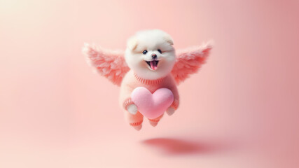 Cute white puppy with angel wings and hearts on pink background. Valentine's day concept