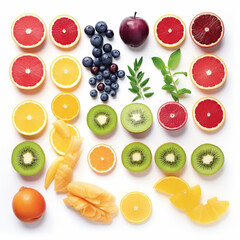A vibrant assortment featuring a variety of fresh and healthy fruits, vegetables, and berries, including oranges, apples, lemons, kiwis, pineapples, grapefruits, pears, strawberries, grapes.