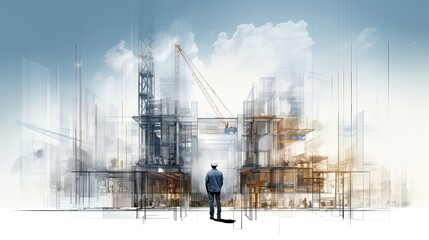 Engineer in side view with a transparent overlay - obrazy, fototapety, plakaty