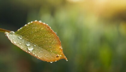 Clear and transparent dewdrops forming on brown leaves.