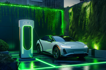 EV charging, Electric vehicle charging station representing environmentally friendly energy and sustainable power sourced to supply the station, with the goal of decreasing  - 727211474