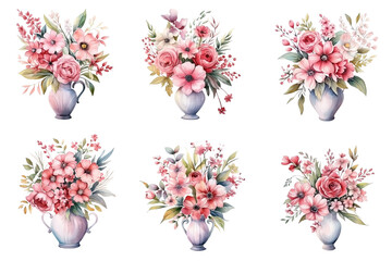 Vintage flowers in a watercolor vase - obrazy, fototapety, plakaty