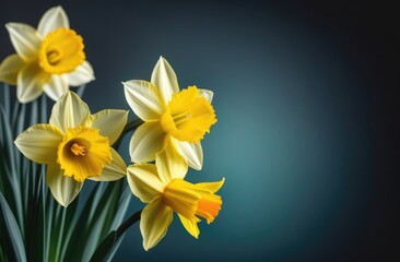 Spring flowers,daffodils on blue background,five flowers and green leaves