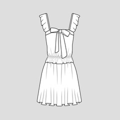 Knotted Ruffles Dress sleeveless knot tie waist gathering Ruffle hem Dresses Fashion flat sketch technical drawing template design vector