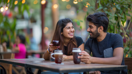 Happy Indian couple savoring a coffee date outdoors, enjoying love