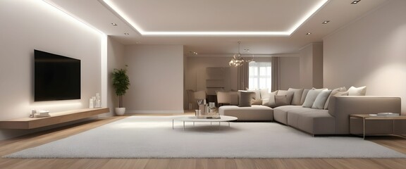 modern interior design. 3D rendering of a room with a carpet on the floor. Front view.