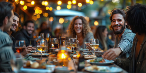  Friends enjoying a delightful evening at a cozy restaurant, savoring food and drinks, inviting atmosphere