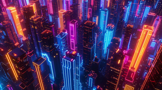 3d render sky view of a futuristic sci-fi metropolis with skyscrapers with neon blue,pink,yellow light background. cyberpunk,futuristic city concept.