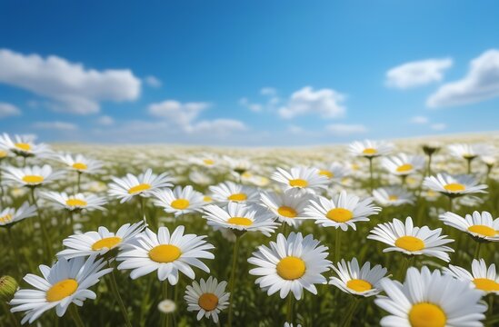Pastoral landscape, copy space,daisy field with blue sky,daisies close-up summer flowers © schukoba