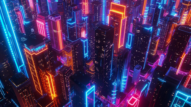 3d render sky view of a futuristic sci-fi metropolis with skyscrapers with neon blue,pink,yellow light background. cyberpunk,futuristic city concept.
