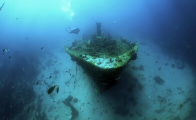 Fototapeta premium a diver exploring a large sunken ship off the coast of the island of Curacao