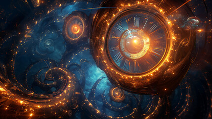 Abstract time portal with swirling vortexes and glowing clocks suspended in a surreal space.