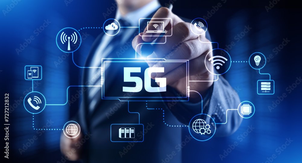 Poster 5g high-speed internet connection concept. businessman pressing button on screen.