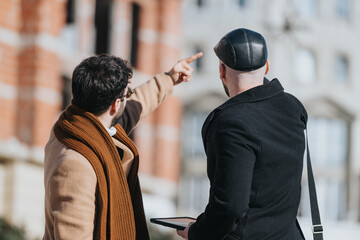 Rear view of two men in winter clothing engaging in a conversation with one pointing at a direction...