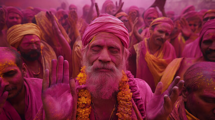 Vibrant Holi festival celebration in Nandgram Mandir complex, Vrindavan, Uttar Pradesh