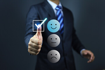 Businessman answer questionnaire on customer opinion feedback by tick correct check mark on smile...