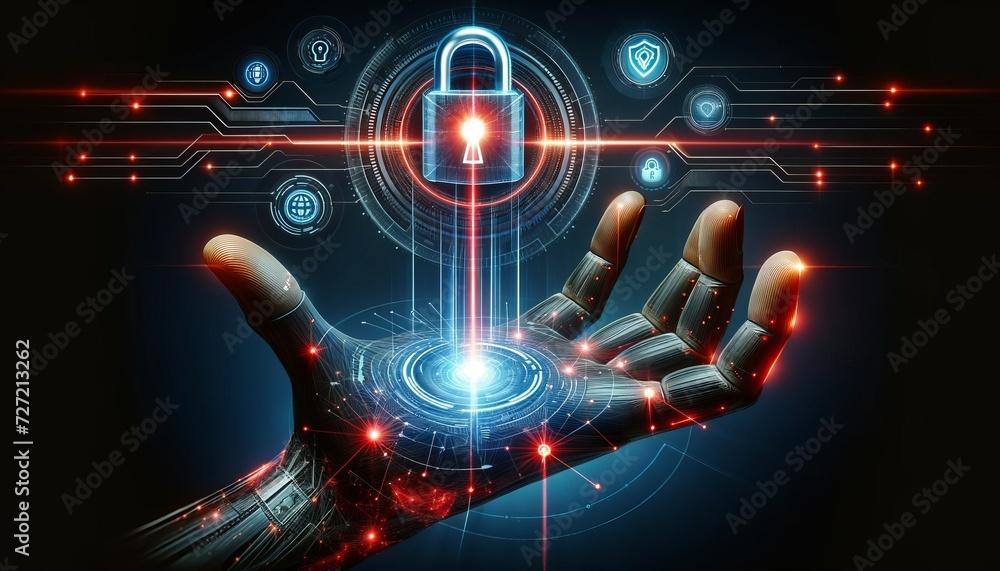 Poster a human hand reached out with a holographic digital key appearing above it