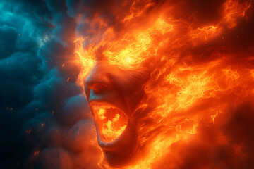 Angry, envy, hate. A visage forged from flames and fury emerges from the inferno, encapsulating the emotions of anger, envy, and bitterness. - obrazy, fototapety, plakaty