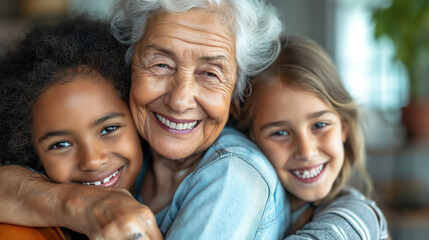 Fototapeta premium Happy family moment: Woman, grandmother, and granddaughter embrace outdoors with joy