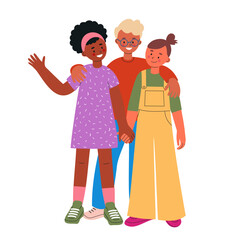 Group of cheerful children standing together, holding hands and smiling. Children in bright fashionable casual clothes. Happy childhood concept