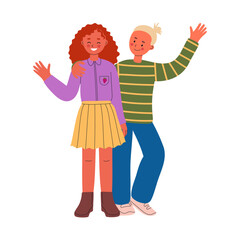 Cheerful boy and girl standing together, holding hands and smiling. Children in bright trandy casual clothes. Happy childhood concept