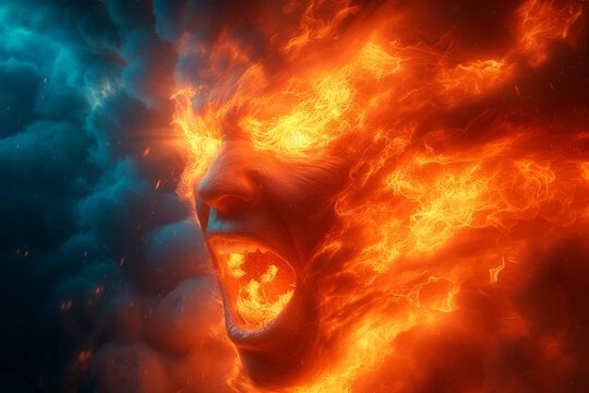 Angry, envy, hate. A visage forged from flames and fury emerges from the inferno, encapsulating the emotions of anger, envy, and bitterness.