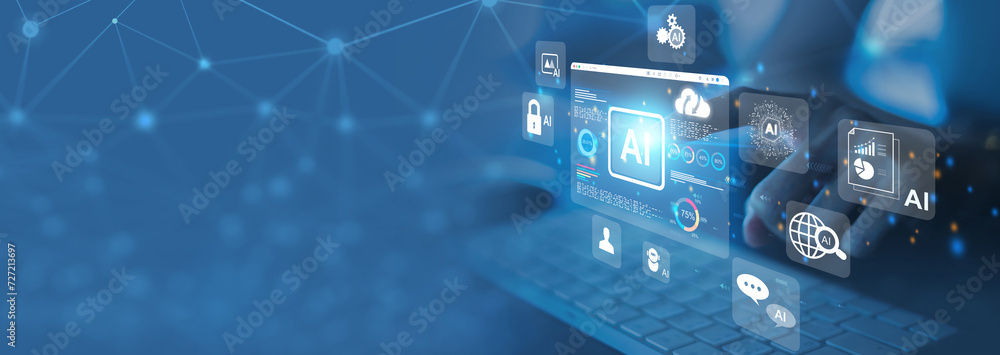Poster business woman uses artificial intelligence and data dashboard business analysis and data management