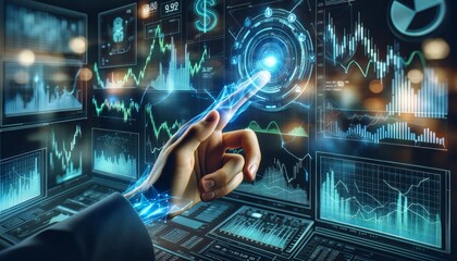 a person's hand interacting with futuristic holographic financial charts and statistics