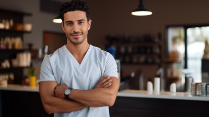 Fototapeta premium Young hispanic man wearing physiotherapist uniform standing at rehab clinic