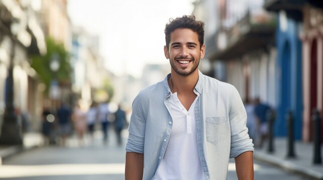 Fototapeta Young hispanic man smiling confident walking at street